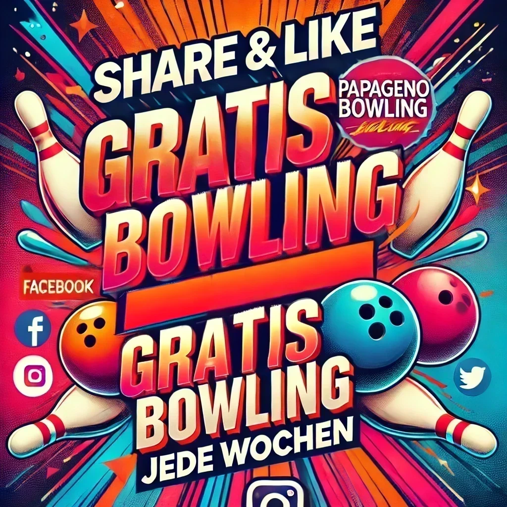 Poster mit Bowling-Pins und Bällen, die ein Gewinnspiel bei Papageno Bowling ankündigen. Es enthält Symbole für Facebook und Instagram mit dem Text 'Teilen & Liken für Gratis Bowling.