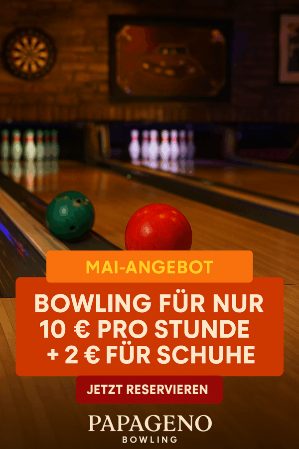 Bowling-Angebot im Papageno Bowling Münster – 10 € pro Stunde, 2 € für Leihschuhe. Jetzt im Mai sparen und reservieren